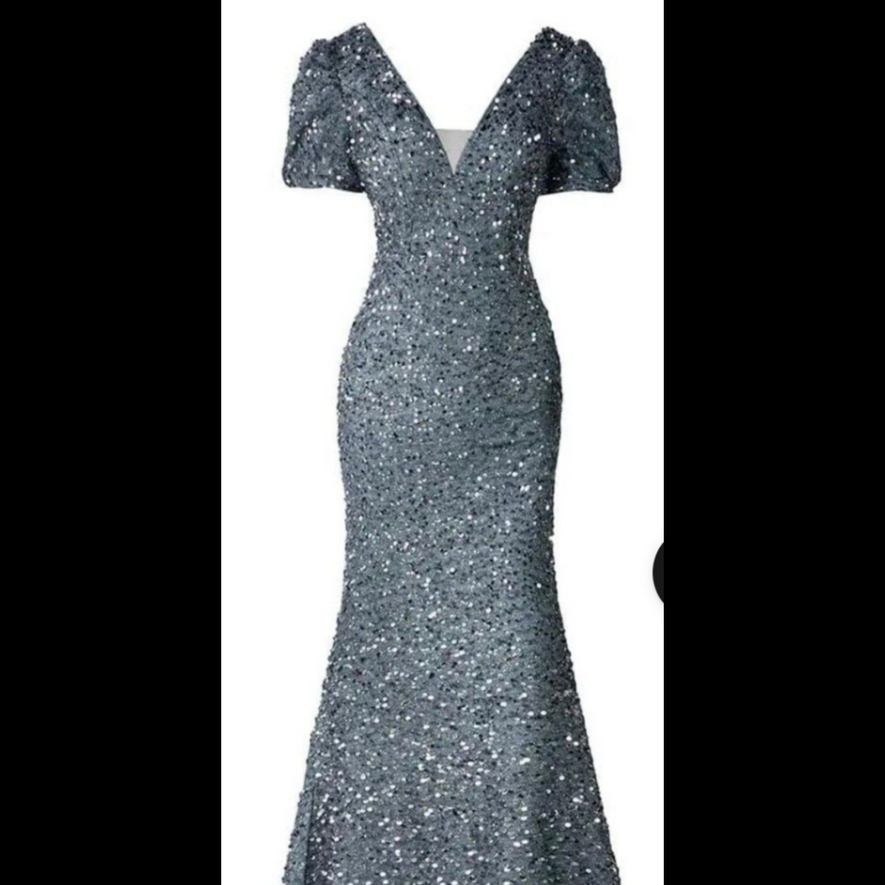 Dusty Blue, Puff Sleeve,  Big Bow, Contrast Sequined and Mesh Mermaid Gown - Picture 4 of 14